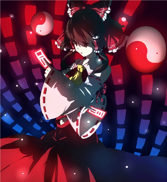 ai mizu, emi, emi (emi43), hakurei reimu, touhou, bad id, bad pixiv id, 1girl, ascot, between fingers, bow, crossed arms, detached sleeves, dress, female focus, full body, hair bow, holding, long sleeves, ofuda, ofuda between fingers, red bow, red dress, ribbon-trimmed sleeves, ribbon trim, solo, yin yang