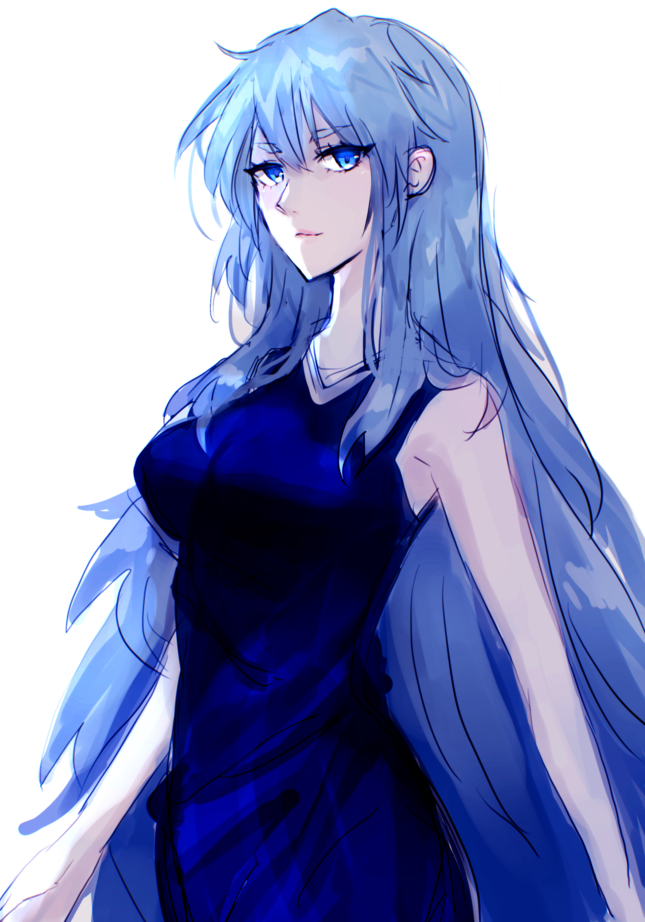 spyairi, khun maschenny zahard, tower of god, absurdres, highres, 1girl, bare shoulders, blue dress, blue eyes, breasts, dress, hair between eyes, lips, long hair, looking at viewer, partially shaded face, shadow, simple background, sketch, sleeveless, sleeveless dress, smile, smirk, solo, white background