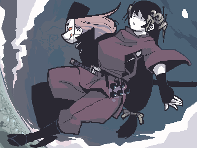 shinobi, lowres, 1boy, 1girl, fingerless gloves, fox mask, gloves, mask, ninja, oekaki, pale skin, samurai, sword, weapon