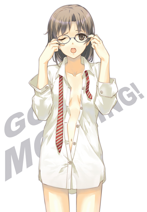 dasoku sentarou, original, adjusting eyewear, blouse, bottomless, brown eyes, brown hair, dress shirt, glasses, necktie, open clothes, open shirt, round eyewear, shirt, solo, striped necktie, tears, white background, white shirt