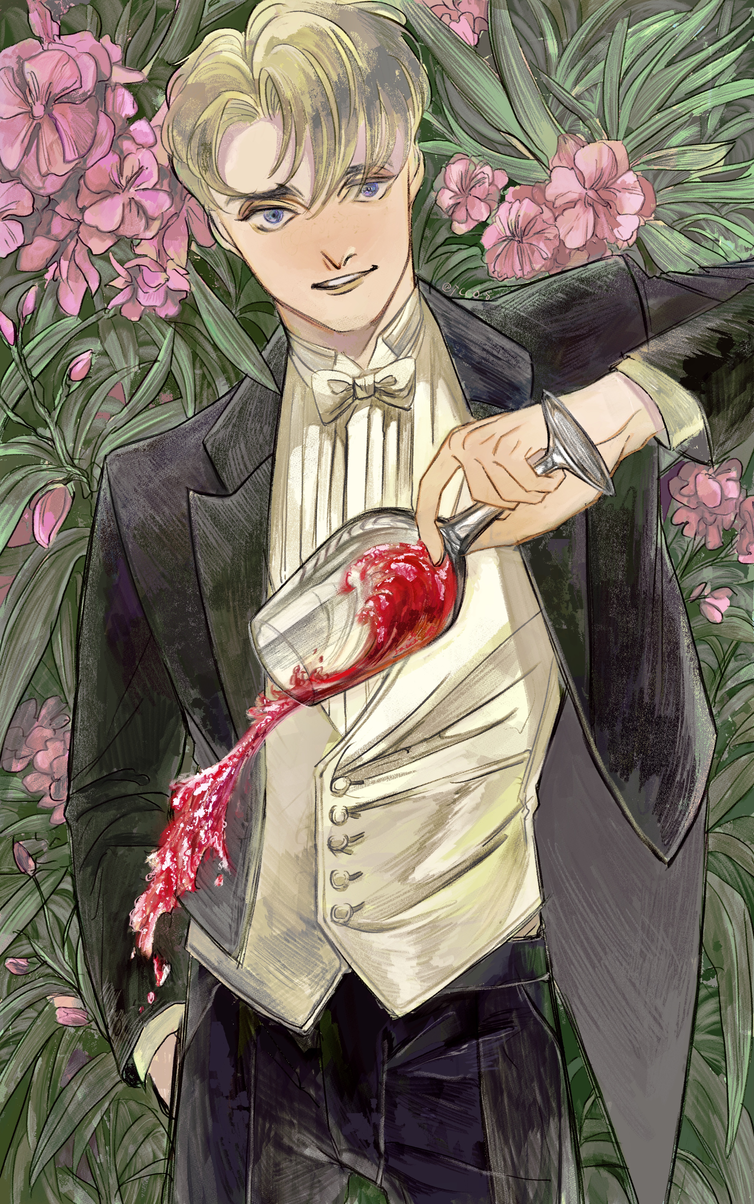 original, absurdres, flower request, highres, 1boy, alcohol, blonde hair, blue eyes, bow, bowtie, buttons, cowboy shot, cup, drinking glass, flower, formal clothes, fujichika (icco 8), lips, liquid, male focus, pale skin, pink flower, short hair, smile, solo, white bow, white bowtie, wine, wine glass
