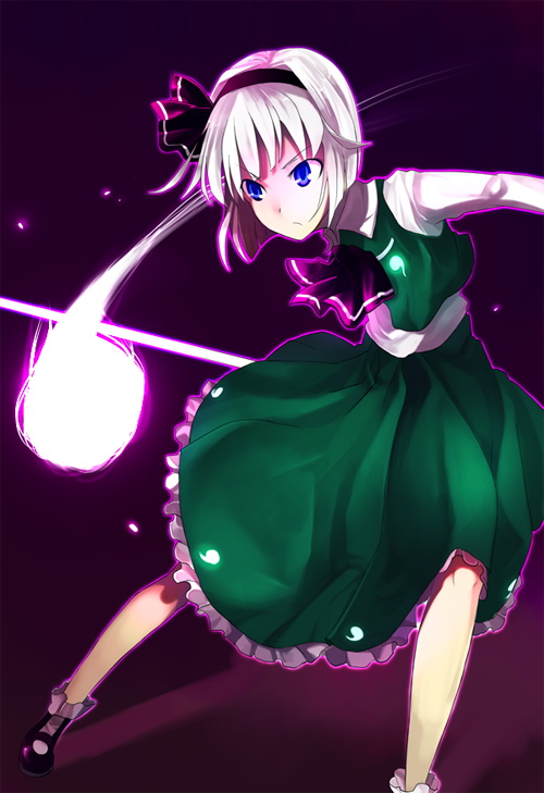 konpaku youmu, konpaku youmu (ghost), touhou, silver hair, 1girl, black ribbon, blue eyes, closed mouth, expressionless, female focus, floating, full body, ghost, green skirt, hair ribbon, hairband, hitodama, puffy short sleeves, puffy sleeves, ribbon, short sleeves, skirt, solo