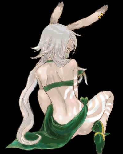 final fantasy, final fantasy tactics a2, final fantasy tactics advance, lowres, 1girl, animal ears, ass, bodypaint, elementalist, female focus, green shoes, no panties, oekaki, rabbit ears, shoes, simple background, solo, viera
