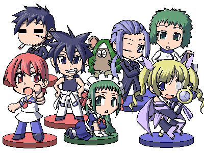 lowres, 3boys, 4girls, blonde hair, chibi, green hair, hands on own hips, multiple boys, multiple girls, oekaki, red hair