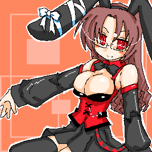 bad id, bad pixiv id, lowres, 1girl, animal ears, breasts, female focus, glasses, large breasts, oekaki, rabbit ears, red eyes, ribbon, solo, thighhighs