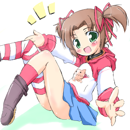 kojima tsuma, amatsuka yuuna, baby princess, lowres, 10s, asymmetrical legwear, blush, bow, brown hair, green eyes, hair bow, miniskirt, mismatched legwear, raglan sleeves, ribbon, shadow, short hair, simple background, skirt, socks, solo, striped clothes, striped socks, striped thighhighs, thighhighs, twintails, zettai ryouiki