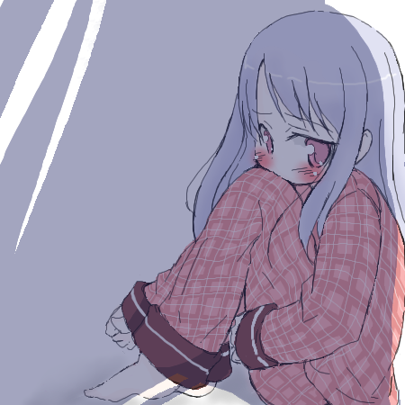 kojima tsuma, amatsuka watayuki, baby princess, plaid, lowres, 10s, barefoot, blue hair, blush, feet, hugging own legs, long hair, pajamas, panties, pantyshot, pink eyes, simple background, sitting, solo, underwear