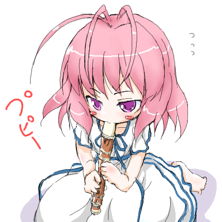kojima tsuma, amatsuka fubuki, baby princess, lowres, 10s, antenna hair, barefoot, bow, chibi, dress, flute, holding flute, holding instrument, instrument, kneeling, pink eyes, pink hair, recorder, ribbon, short hair, simple background, solo