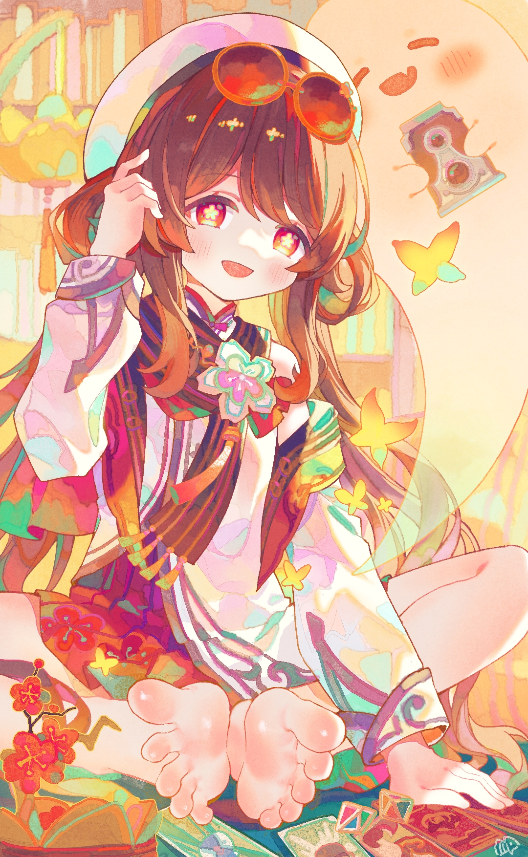 xianyuzi, boo tao (genshin impact), hu tao (cherries snow-laden) (genshin impact), hu tao (genshin impact), genshin impact, commentary, highres, 1girl, :d, barefoot, beret, blush, brown eyes, brown hair, brown scarf, chinese clothes, eyewear on head, feet, floral print, floral print skirt, flower-shaped pupils, full body, hair rings, hand up, hat, knees apart feet together, long hair, long sleeves, looking at viewer, miniskirt, official alternate costume, official alternate hairstyle, open mouth, pleated skirt, print skirt, red-tinted eyewear, red skirt, round eyewear, scarf, sidelocks, sitting, skirt, smile, soles, solo, sunglasses, symbol-shaped pupils, tareme, tinted eyewear, toes, very long hair, warm colored, white hat
