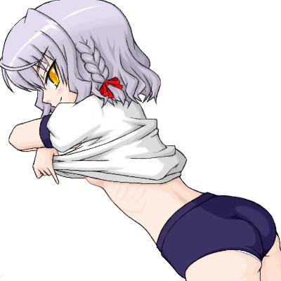 bell zephyr, night wizard, lowres, 00s, 1girl, braid, breasts, buruma, female focus, grey hair, gym uniform, oekaki, pale skin, simple background, skinny, small breasts, solo, underboob, underwear, undressing, white background, yellow eyes