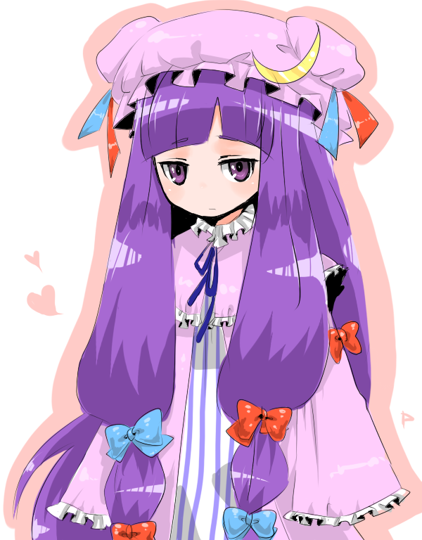 ichihaya, patchouli knowledge, touhou, bad id, bad pixiv id, 1girl, blue bow, blunt bangs, blush, bow, crescent, dress, expressionless, female focus, half-closed eyes, hat, heart, jitome, long hair, long sleeves, looking at viewer, mob cap, multi-tied hair, pink dress, purple eyes, purple hair, red bow, sidelocks, solo, upper body, very long hair