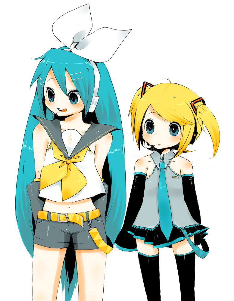 ichihaya, hatsune miku, kagamine rin, vocaloid, 2girls, aqua hair, cosplay, costume switch, hatsune miku (cosplay), kagamine rin (cosplay), long hair, multiple girls, thighhighs, very long hair