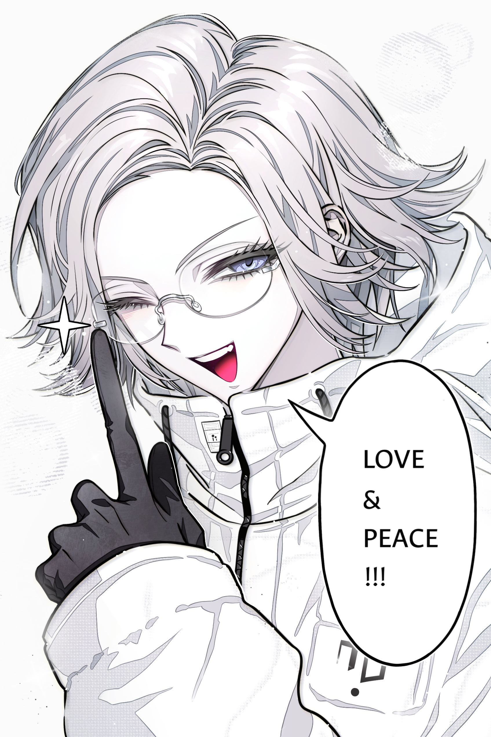 aotsuki eito, the hundred line -last defense academy-, absurdres, chinese commentary, commentary, commentary request, english commentary, highres, mixed-language commentary, 1boy, blue eyes, breast pocket, catchphrase, english text, glasses, gloves, grey hair, grin, jacket, looking at viewer, male focus, one eye closed, open mouth, pocket, pointing, pointing up, short hair, smile, solo, sparkle, speech bubble, teeth, upper body, upper teeth only, wdhydbkyhl888, white jacket, zipper pull tab