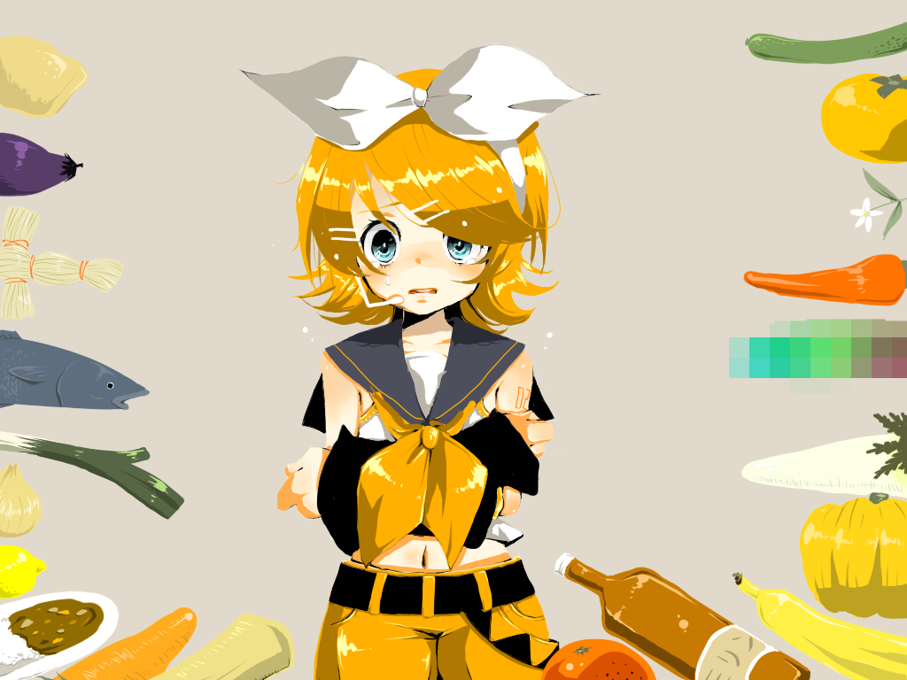 ichihaya, kagamine rin, kagamine rin (if), vocaloid, 1girl, arm warmers, banana, belt, blonde hair, bottle, bow, carrot, censored, collarbone, cowboy shot, curry, daikon, eggplant, female focus, flower, food, fruit, gourd, grey background, hair ornament, hairband, hairclip, headgear, lemon, mandarin orange, midriff, navel, onion, pumpkin, radish, sailor collar, sake bottle, self hug, short hair, shorts, simple background, sleeveless, solo, spring onion, stomach, sweatdrop, tattoo, tears, tomato, vegetable, voodoo doll, white bow, yellow shorts