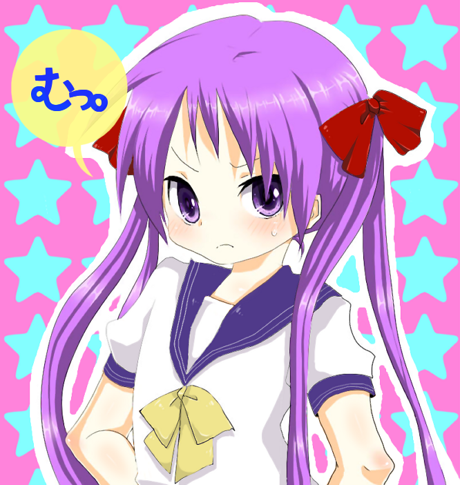ichihaya, hiiragi kagami, lucky star, bad id, bad pixiv id, 00s, 1girl, blush, closed mouth, female focus, frown, hands on own hips, long hair, looking at viewer, neckerchief, pout, puffy short sleeves, puffy sleeves, purple eyes, purple hair, sailor collar, school uniform, serafuku, short sleeves, sidelocks, simple background, solo, star (symbol), star symbol background, sweatdrop, upper body, very long hair, yellow neckerchief