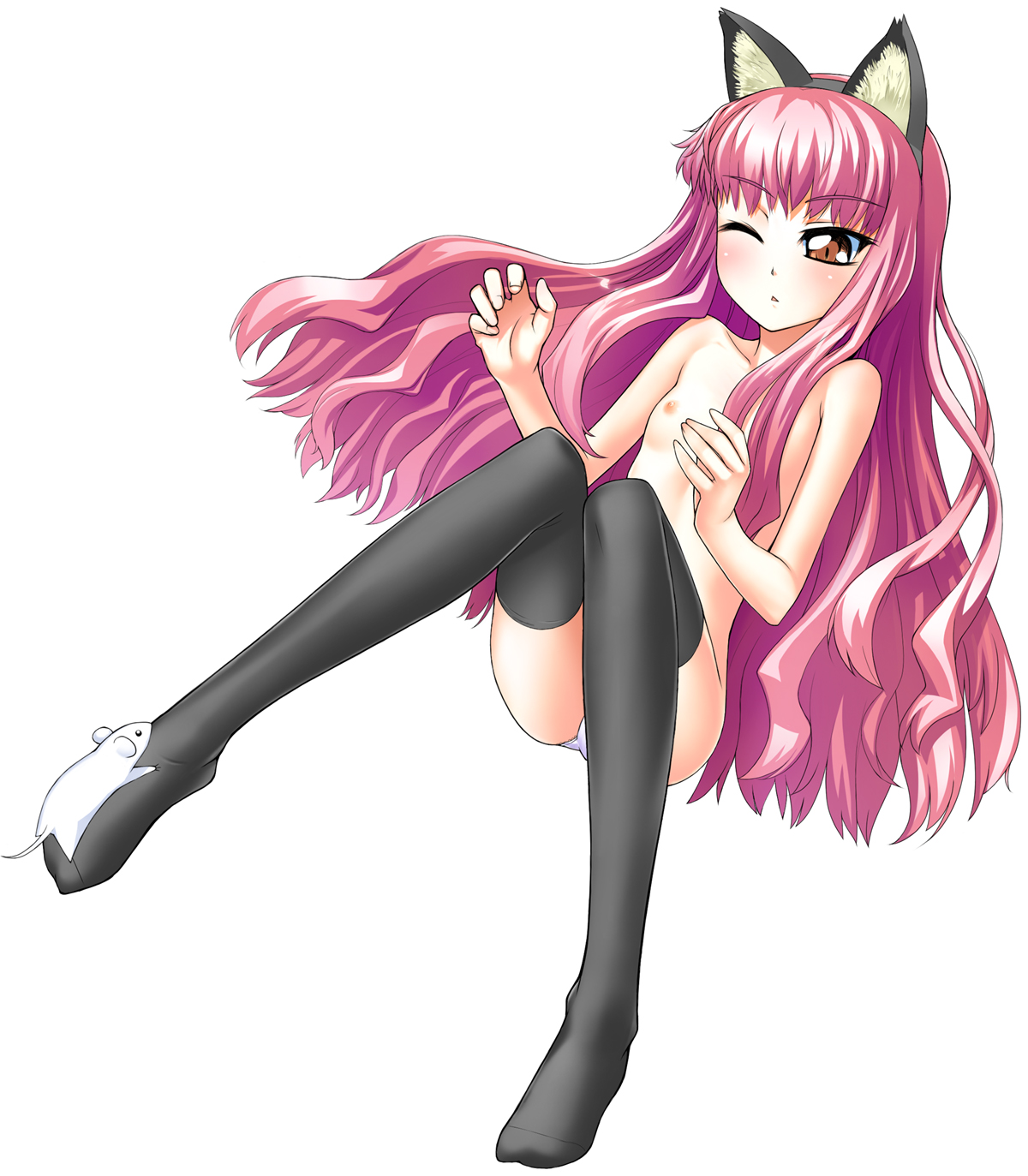 yamanezumi rokikku, louise francoise le blanc de la valliere, zero no tsukaima, bad id, bad pixiv id, highres, 00s, 1girl, animal ears, cat ears, female focus, flat chest, loli, long hair, mouse (animal), panties, solo, thighhighs, topless female, underwear