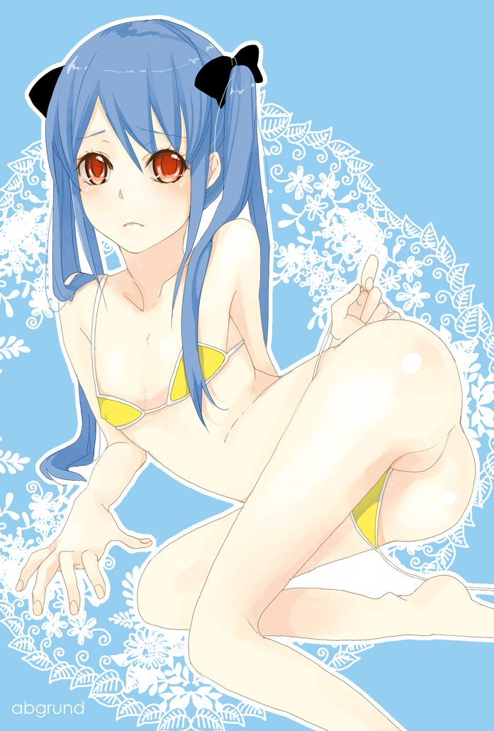 saikawa yusa, original, bad id, bad pixiv id, 1girl, ass, barefoot, bikini, blue hair, female focus, flat chest, long hair, micro bikini, no pussy, red eyes, solo, swimsuit, twintails, yellow bikini