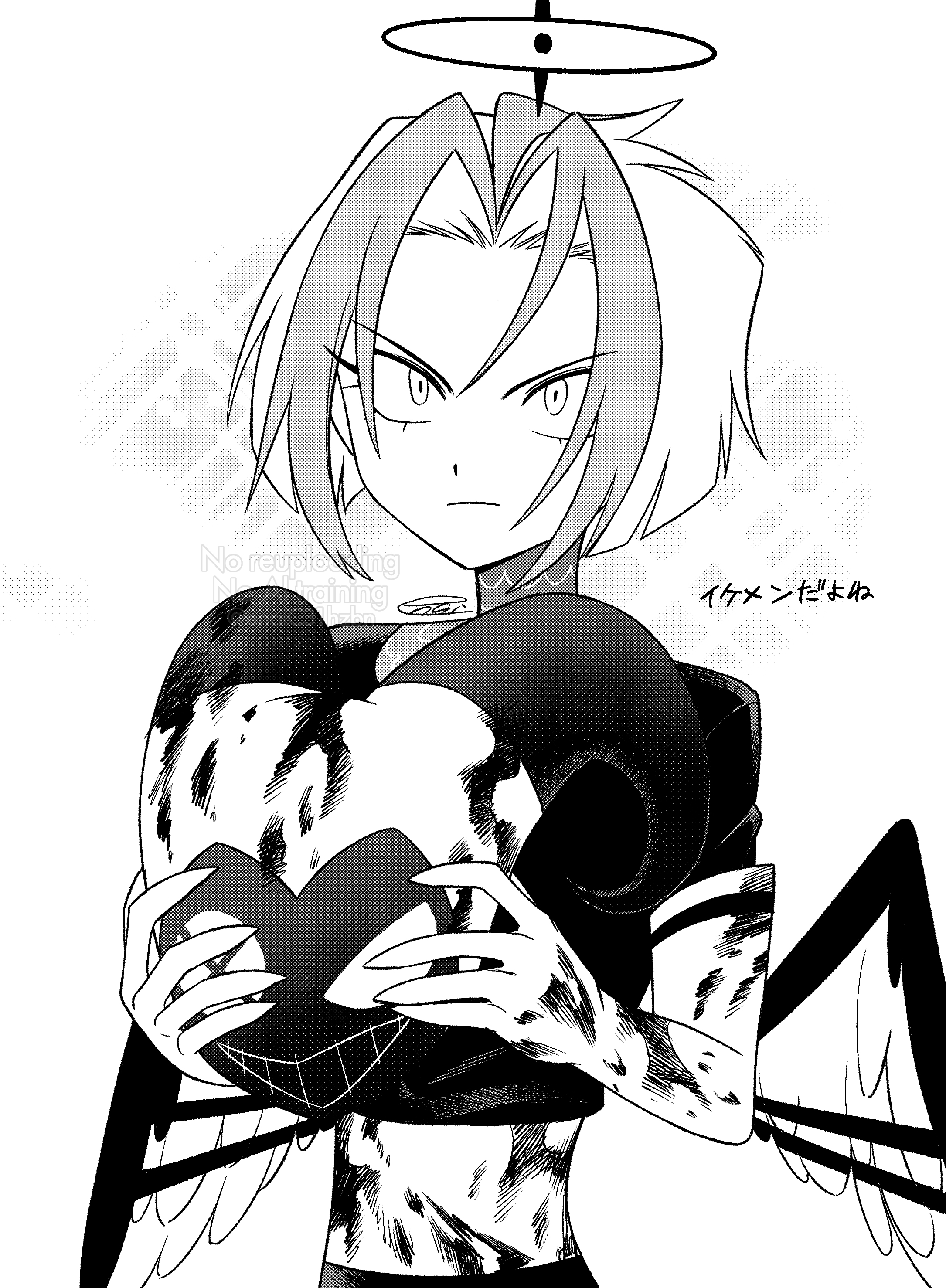 menma (enaic31), lute (hazbin hotel), hazbin hotel, hellaverse, absurdres, commentary request, highres, translation request, 1girl, angry, blood, blood on clothes, blood on helmet, bob cut, closed mouth, curtained hair, elbow gloves, feathered wings, feathers, frown, gloves, greyscale, hair between eyes, halo, helmet, holding, holding unworn helmet, looking ahead, monochrome, multicolored hair, shirt, short hair, simple background, solo, streaked hair, two-tone hair, two-tone wings, unworn headwear, unworn helmet, upper body, upturned eyes, v-shaped eyebrows, white background, wings