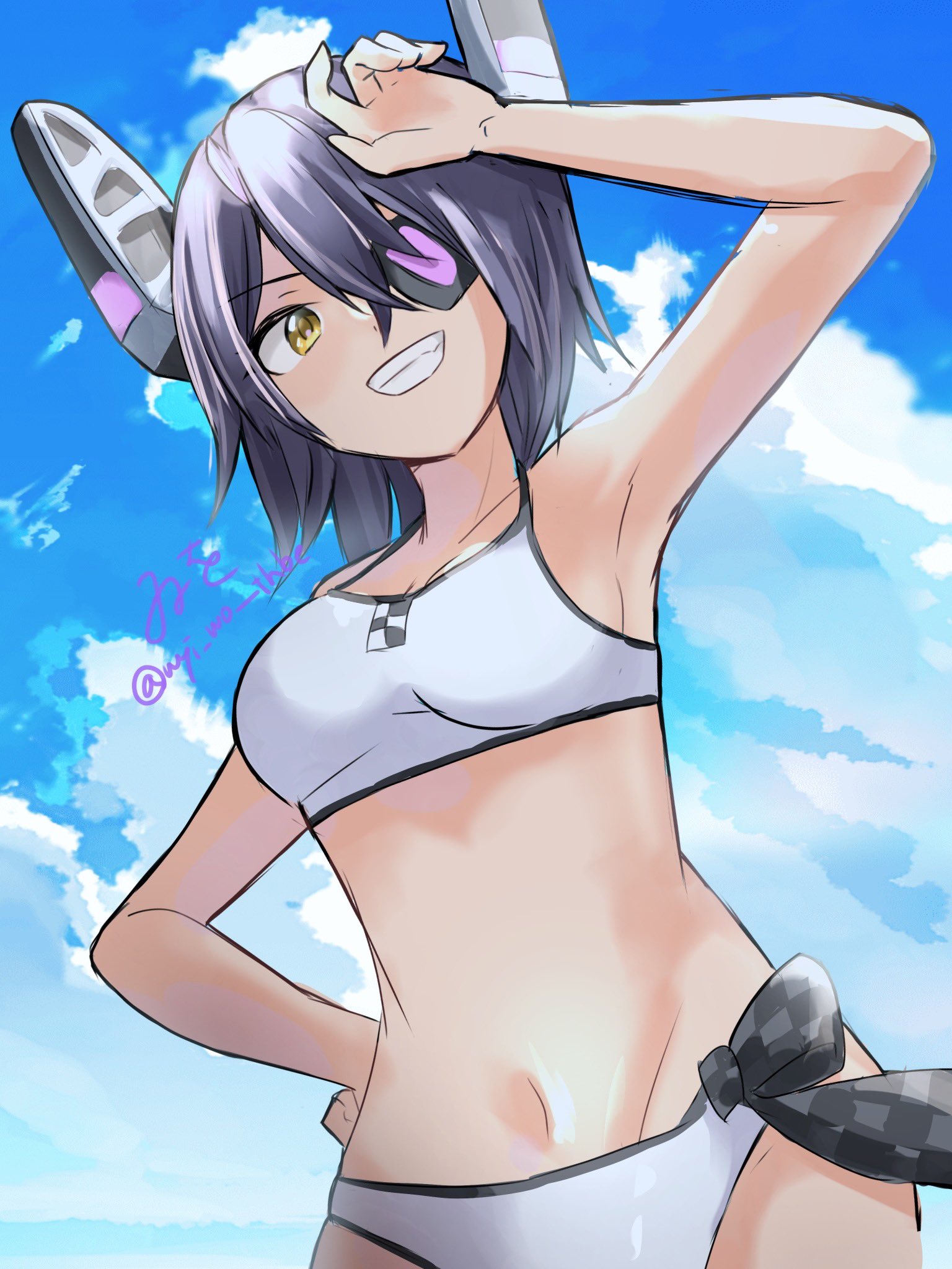 wiwo, tenryuu (kancolle), tenryuu (swimsuit) (kancolle), kantai collection, highres, 1girl, bikini, blue sky, breasts, checkered necktie, cloud, eyepatch, grin, hand on own hip, headgear, large breasts, necktie, official alternate costume, purple hair, short hair, sky, smile, solo, sports bikini, swimsuit, unworn necktie, white bikini, yellow eyes