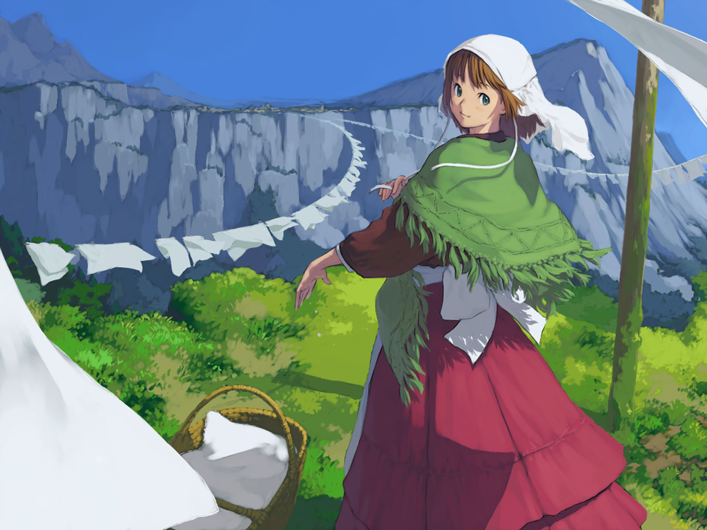 fuchida kazuhiro, bad id, bad pixiv id, tagme, brown hair, clothesline, green eyes, hood, solo, wind