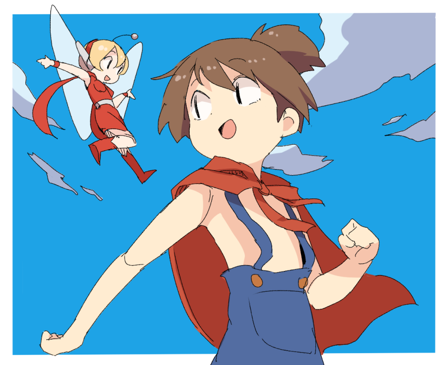 dokan (dkn), pino (wonder project), tinker (wonder project), wonder project j, commentary, 1boy, 1girl, black eyes, blue overalls, blue sky, boots, border, breasts, brown hair, cape, cloud, doll joints, dress, fairy, fairy wings, flying, hairband, hand up, joints, looking at another, open mouth, outdoors, outside border, overalls, ponytail, radio antenna, red boots, red cape, red dress, red hairband, short hair, sky, smile, standing, white border, wings, wristband