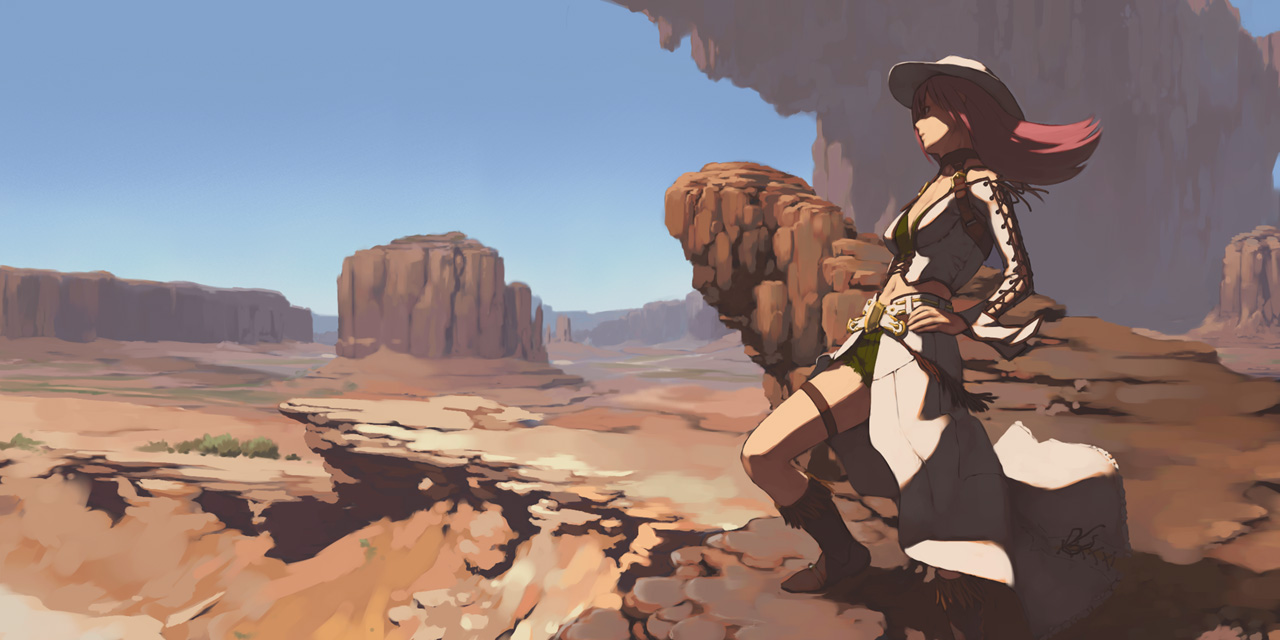 fuchida kazuhiro, original, bad id, bad pixiv id, 1girl, boots, cowboy hat, cowboy western, day, desert, female focus, fringe trim, hands on own hips, hat, leaning, outdoors, red hair, sky, solo