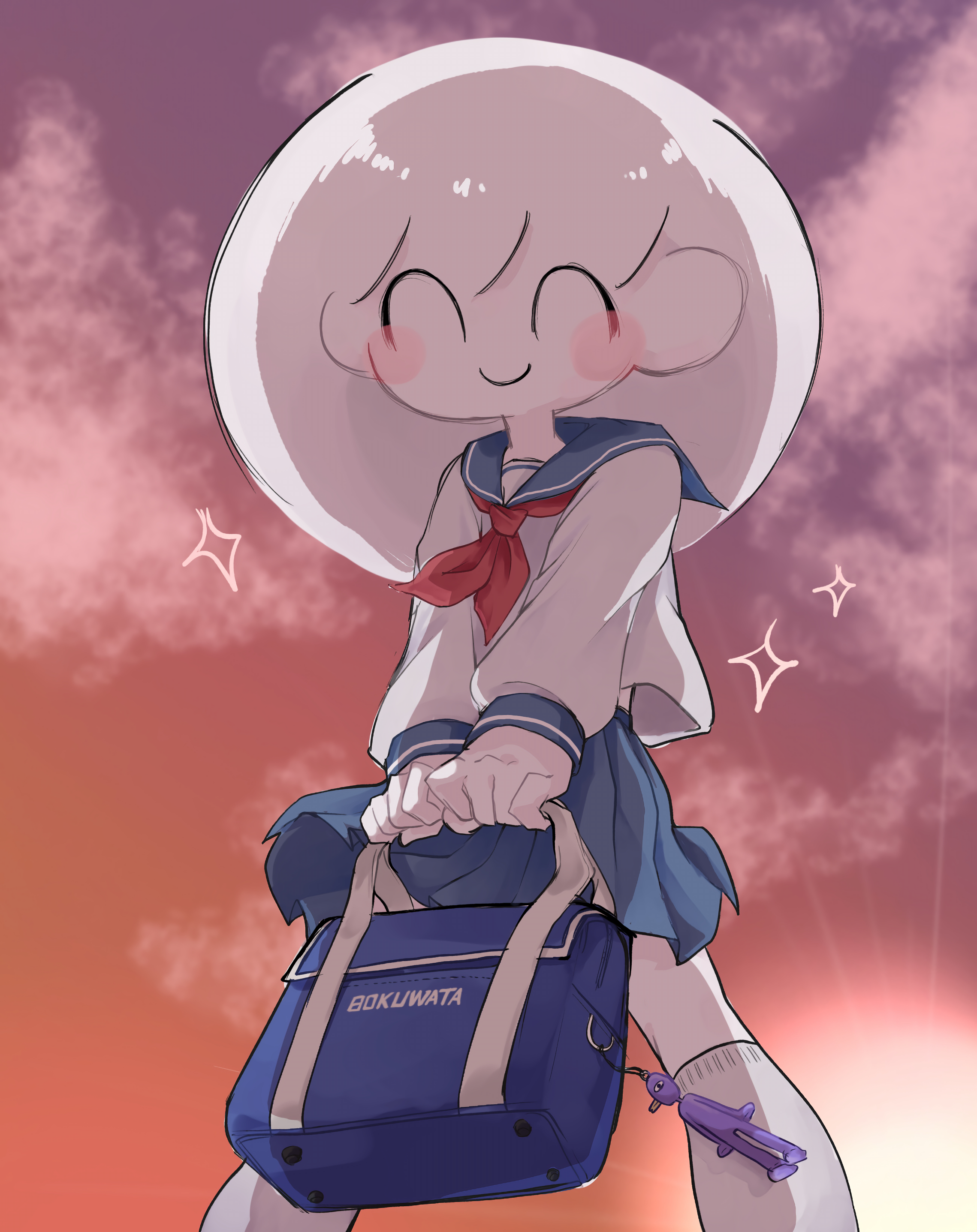 momono watashi, bokuwata channel, absurdres, highres, 1girl, ^ ^, bag, blue bag, blue sailor collar, blue skirt, blush, closed eyes, colored skin, copyright name, holding, holding bag, long sleeves, midriff peek, neckerchief, pleated skirt, red neckerchief, sailor collar, school bag, school uniform, serafuku, shirt, skirt, smile, socks, to1x x2nk, white hair, white shirt, white skin, white socks