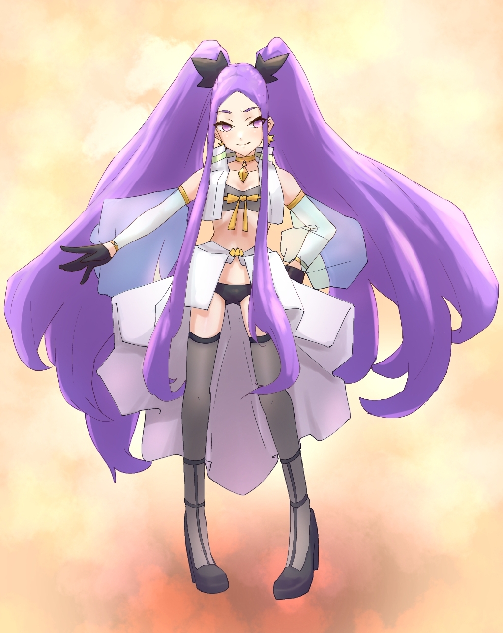niwaikanai, wu zetian (fate), wu zetian (first ascension) (fate), fate/grand order, fate (series), highres, 1girl, armlet, bare shoulders, black gloves, black panties, blush, bra, bracelet, breasts, choker, cropped vest, detached sleeves, earrings, forehead, full body, gloves, grey bra, grey thighhighs, hair ornament, high heels, jewelry, long hair, looking at viewer, panties, parted bangs, pendant, purple eyes, purple hair, see-through clothes, see-through sleeves, showgirl skirt, sidelocks, skirt, small breasts, smile, solo, thighhighs, twintails, underwear, very long hair, vest, white skirt, white vest