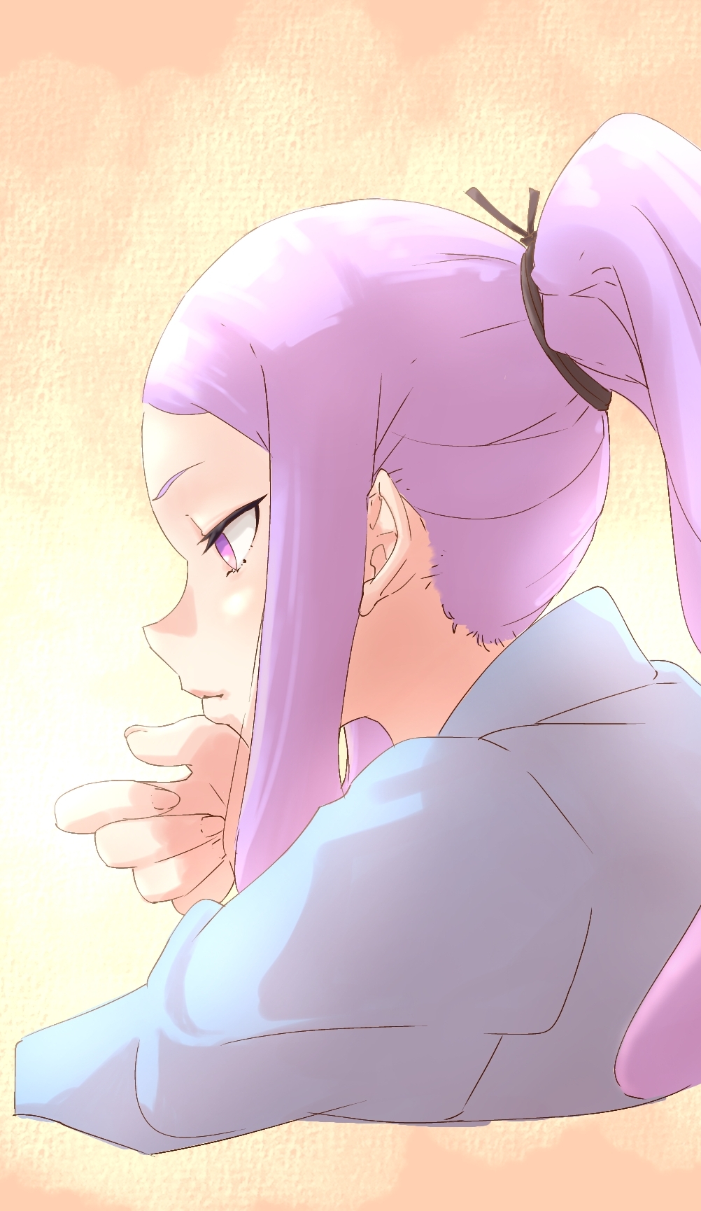 niwaikanai, wu zetian (fate), fate/grand order, fate (series), highres, 1girl, breasts, forehead, long hair, long sleeves, parted bangs, ponytail, purple eyes, purple hair, shirt, sidelocks, small breasts, solo, very long hair, white shirt