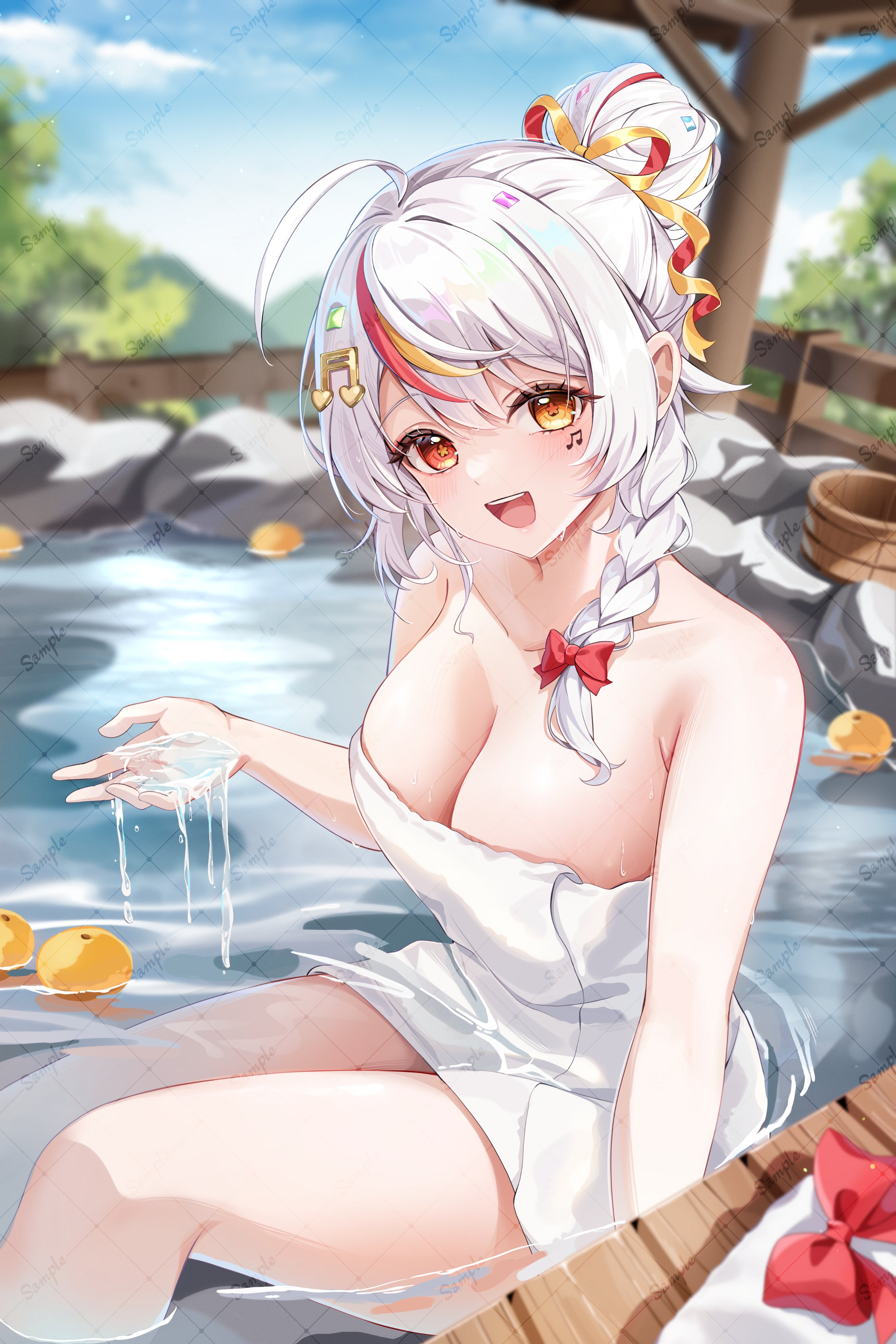 aida noa, original, absurdres, commentary request, commission, highres, skeb commission, 1girl, :d, ahoge, bare shoulders, blush, braid, breasts, cleavage, collarbone, fortissimo, hair bun, hair ornament, hair ribbon, hand up, heterochromia, large breasts, long hair, looking at viewer, multicolored hair, musical note, musical note hair ornament, naked towel, onsen, open mouth, outdoors, red eyes, red streaks, ribbon, sample watermark, sitting, smile, solo, star-shaped pupils, star (symbol), streaked hair, symbol-shaped pupils, towel, water, watermark, watermark grid, white hair, yellow eyes, yellow ribbon