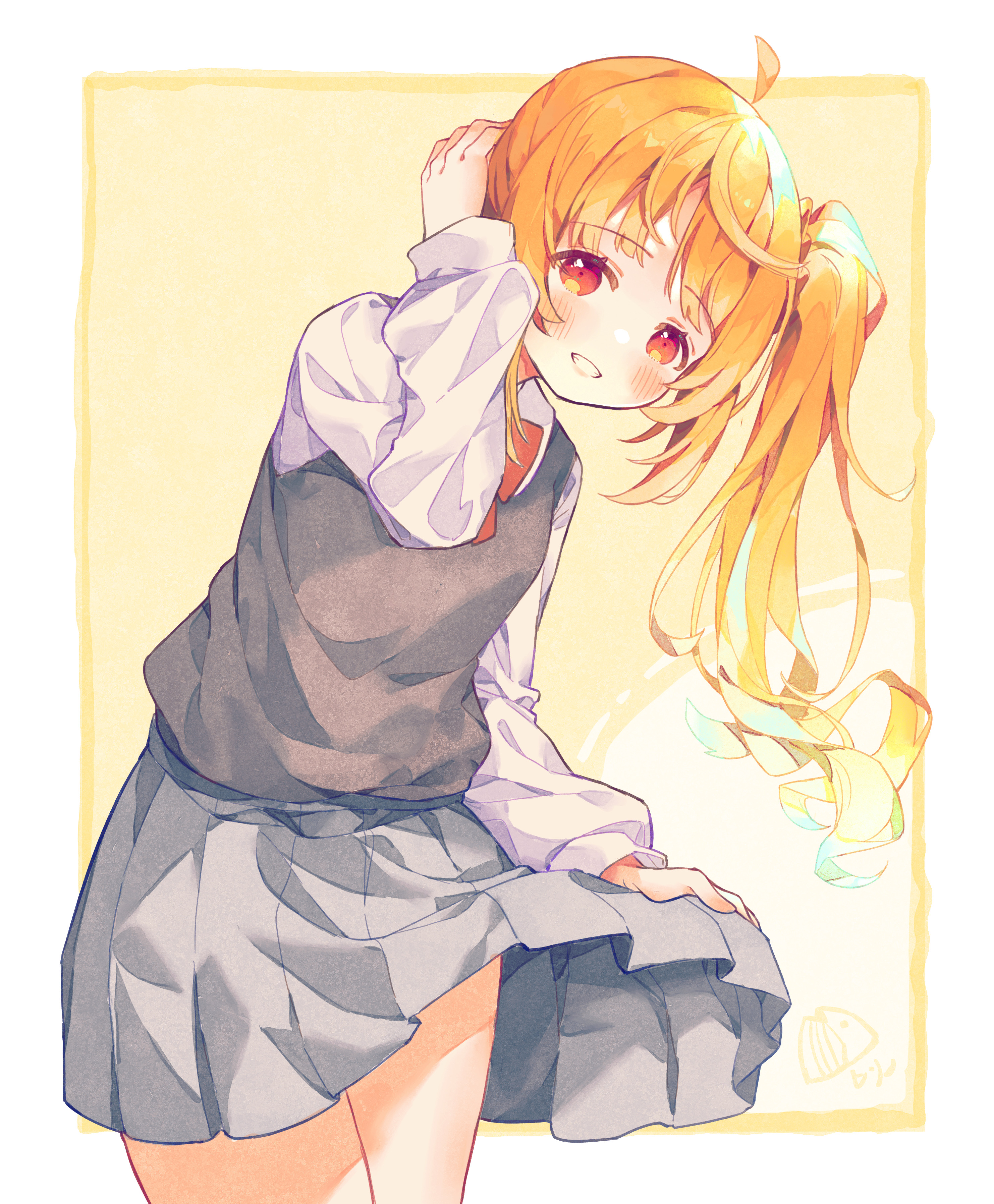 xianyuzi, ijichi nijika, bocchi the rock!, absurdres, chinese commentary, commentary, highres, 1girl, :d, ahoge, arm behind head, black sweater vest, blonde hair, blush, border, bow, bowtie, cowboy shot, grey skirt, grin, hand up, happy, leaning forward, long hair, long sleeves, looking at viewer, miniskirt, open mouth, orange eyes, outside border, pleated skirt, red bow, red bowtie, school uniform, shirt, side ponytail, sidelocks, simple background, skirt, skirt hold, smile, solo, sweater vest, warm colored, white border, white shirt, yellow background
