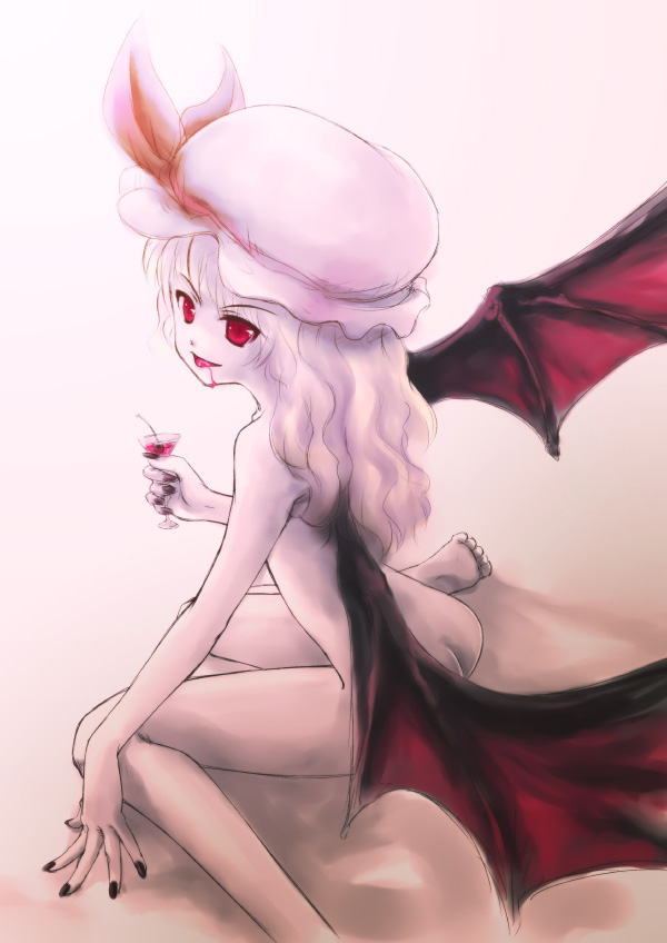 kashiwagi kazuhiro, remilia scarlet, touhou, 1girl, completely nude, female focus, hat, loli, nude, sitting, solo, wings