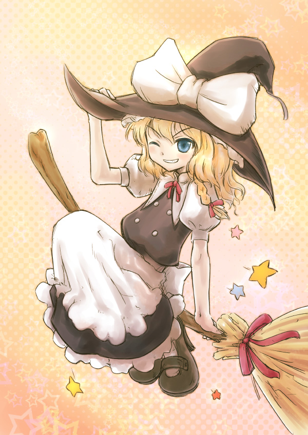 kashiwagi kazuhiro, kirisame marisa, touhou, 1girl, blonde hair, broom, broom riding, female focus, sidesaddle, solo