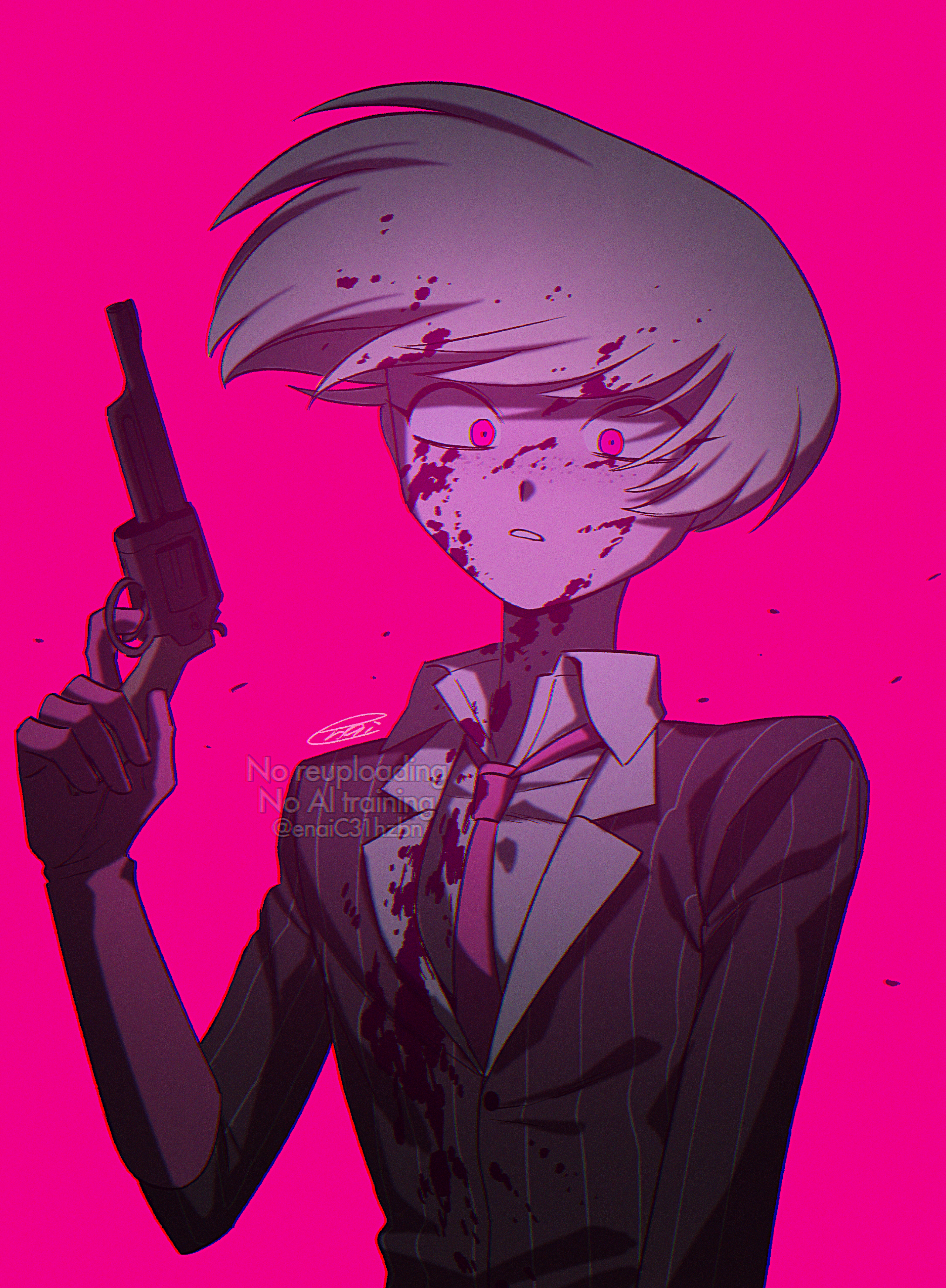 menma (enaic31), angel dust, hazbin hotel, hellaverse, absurdres, commentary request, highres, 1boy, arm at side, black jacket, blood, blood in hair, blood on clothes, blood on face, chromatic aberration, collared shirt, downturned eyes, film grain, finger on trigger, gun, hand up, holding, holding gun, holding weapon, humanization, jacket, lapels, looking at viewer, male focus, necktie, notched lapels, parted lips, pink background, pink eyes, pink necktie, pink theme, pinstripe jacket, pinstripe pattern, shirt, short hair, signature, solo, three-quarter sleeves, upper body, watermark, weapon, white hair, white shirt