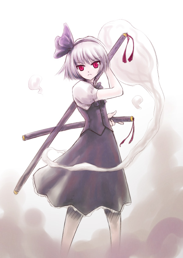 kashiwagi kazuhiro, konpaku youmu, konpaku youmu (ghost), touhou, silver hair, 1girl, dress, expressionless, female focus, fighting stance, floating, ghost, green dress, hitodama, holding, holding sword, holding weapon, katana, looking at viewer, puffy short sleeves, puffy sleeves, red eyes, sheath, sheathed, short sleeves, solo, standing, sword, tassel, weapon