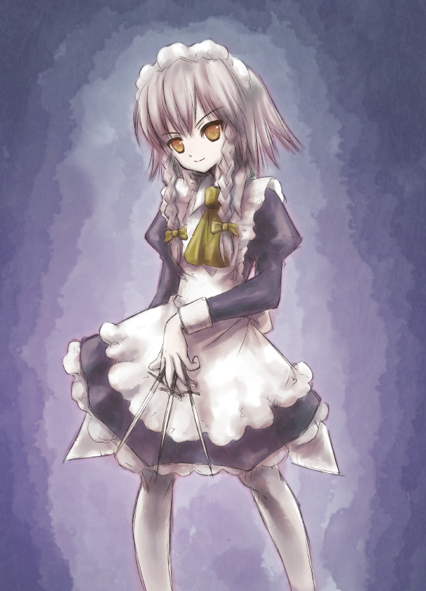 kashiwagi kazuhiro, izayoi sakuya, touhou, silver hair, 1girl, braid, female focus, pantyhose, short hair, solo, twin braids
