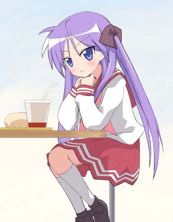kashiwagi kazuhiro, hiiragi kagami, lucky star, 00s, 1girl, blue eyes, female focus, long hair, purple hair, ribbon, school uniform, serafuku, solo