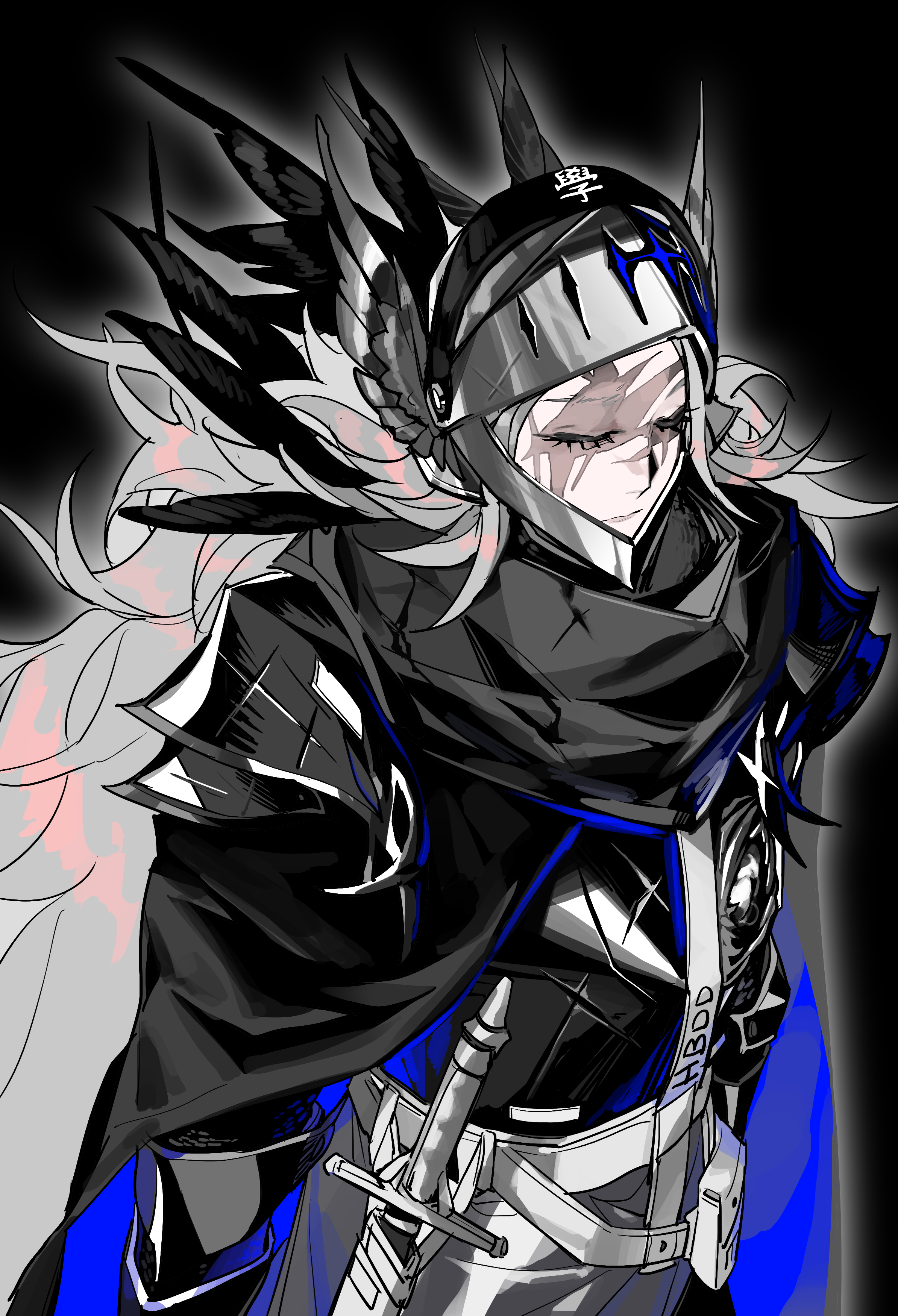 aotsuki eito, the hundred line -last defense academy-, absurdres, chinese commentary, commentary request, highres, 1boy, alternate costume, alternate hairstyle, armor, belt, black background, black cloak, black feathers, breastplate, cloak, closed eyes, feathers, gauntlets, glasses, grey hair, headgear, helm, helmet, hole in chest, hole on body, knight, long hair, male focus, outer glow, pauldrons, scabbard, scar, scar on face, sheath, sheathed, shoulder armor, simple background, solo, sword, upper body, weapon, white belt, yeshaqianww