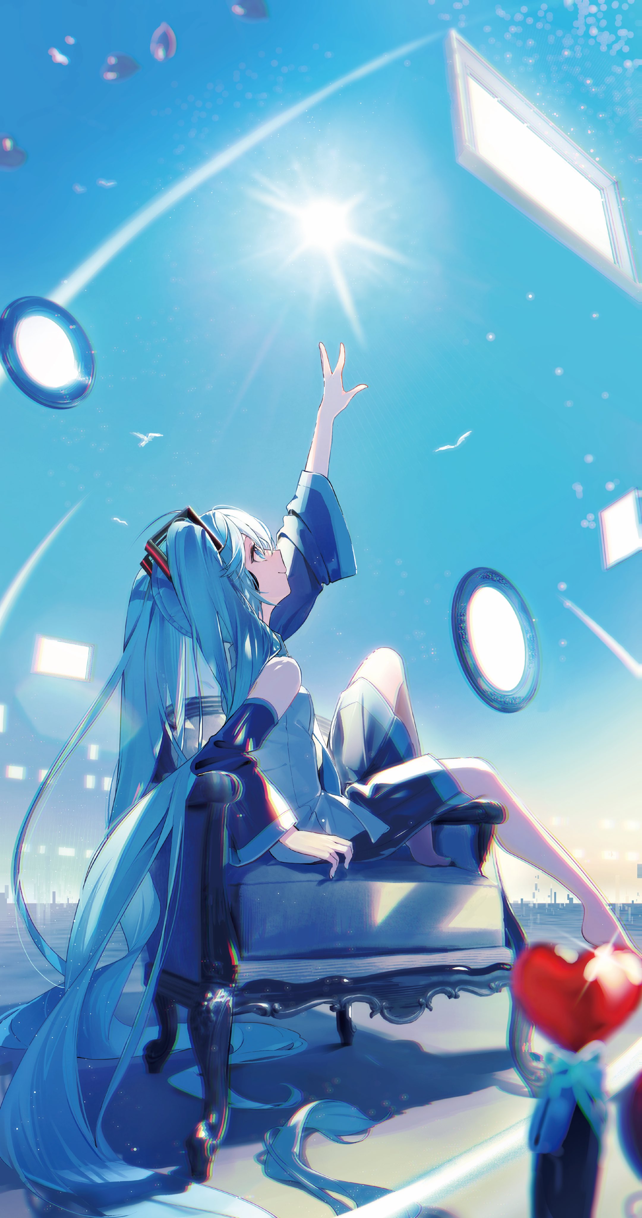 kamatoyu, hatsune miku, vocaloid, absurdres, highres, 1girl, aqua hair, arm up, black skirt, black sleeves, chair, closed mouth, detached sleeves, grey shirt, long hair, looking up, on chair, shirt, sitting, skirt, sleeveless, sleeveless shirt, smile, solo, very long hair