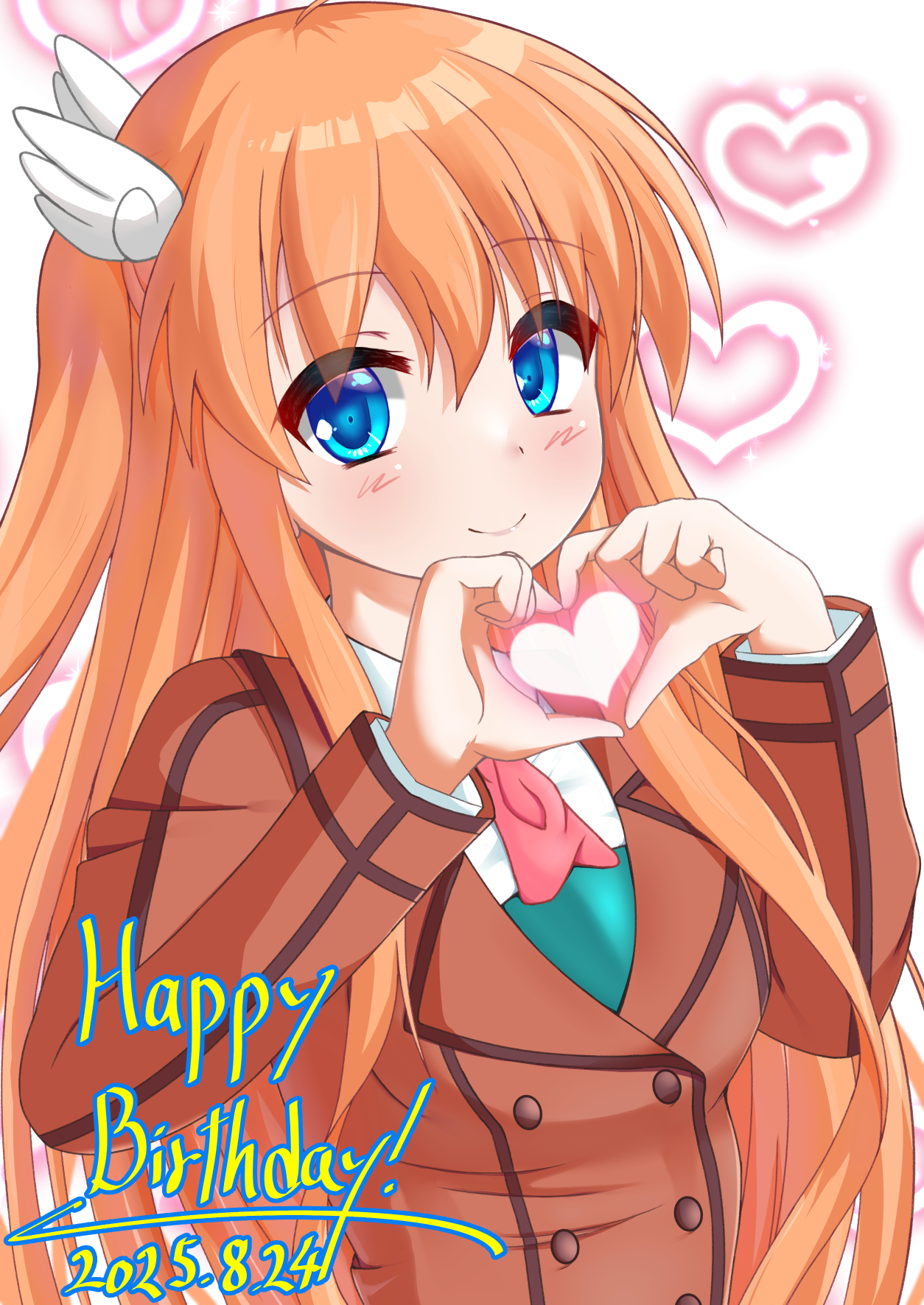 axl11hikari, ootori chihaya, rewrite, commentary request, highres, 1girl, 2025, ahoge, blue eyes, blush, brown jacket, buttons, closed mouth, dated, dated commentary, double-breasted, four-finger heart hands, hair between eyes, hair ornament, hands up, happy, happy birthday, heart, heart hands, heart in heart hands, jacket, long hair, long sleeves, looking at viewer, orange hair, school uniform, shirt, simple background, smile, solo, sparkle, straight hair, two side up, upper body, very long hair, white background, white shirt, wing hair ornament