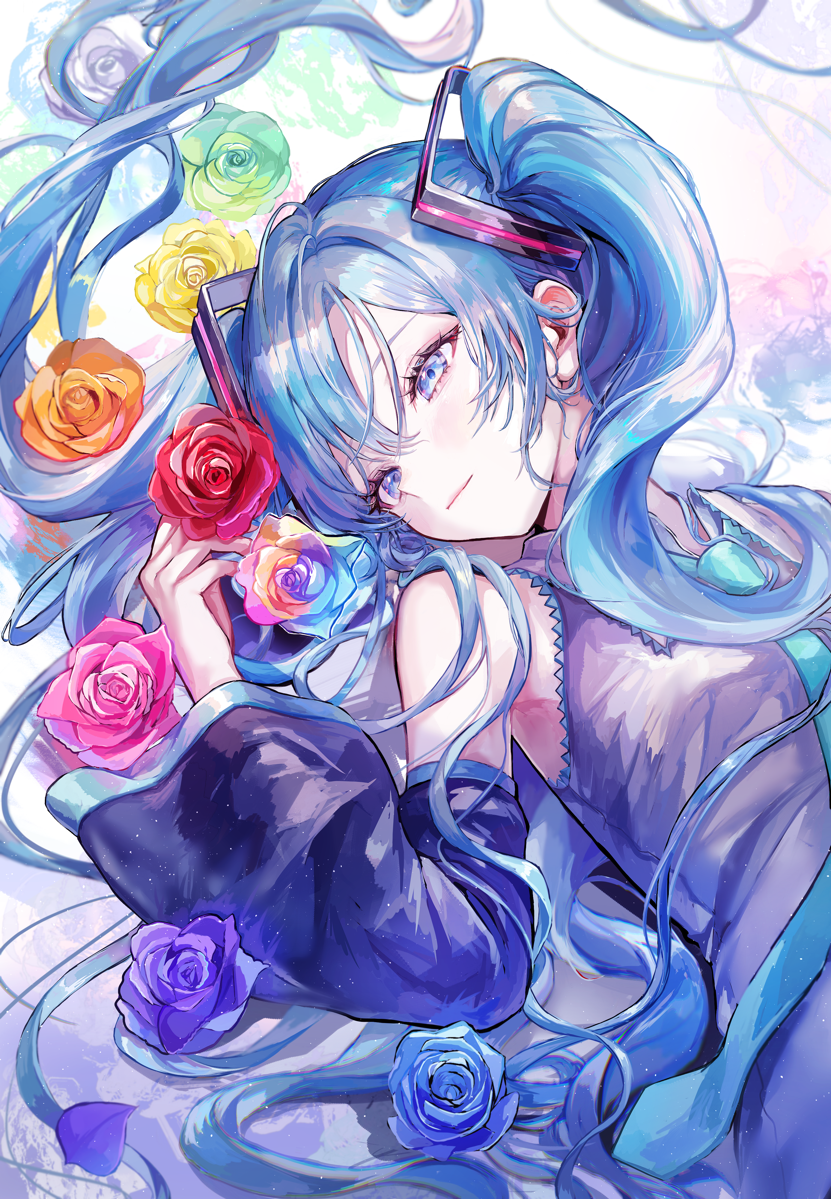 pipi (pipinavigation), hatsune miku, vocaloid, absurdres, commentary request, highres, 1girl, aqua necktie, bare shoulders, black sleeves, blue eyes, blue flower, blue hair, blue rose, collared shirt, detached sleeves, flower, green flower, green rose, grey shirt, hair between eyes, hair ornament, light smile, long hair, long sleeves, looking at viewer, lying, multicolored flower, multicolored rose, necktie, on back, orange flower, orange rose, pink flower, pink rose, purple flower, purple rose, red flower, red rose, rose, shirt, sleeveless, sleeveless shirt, solo, twintails, white flower, white rose, yellow flower, yellow rose