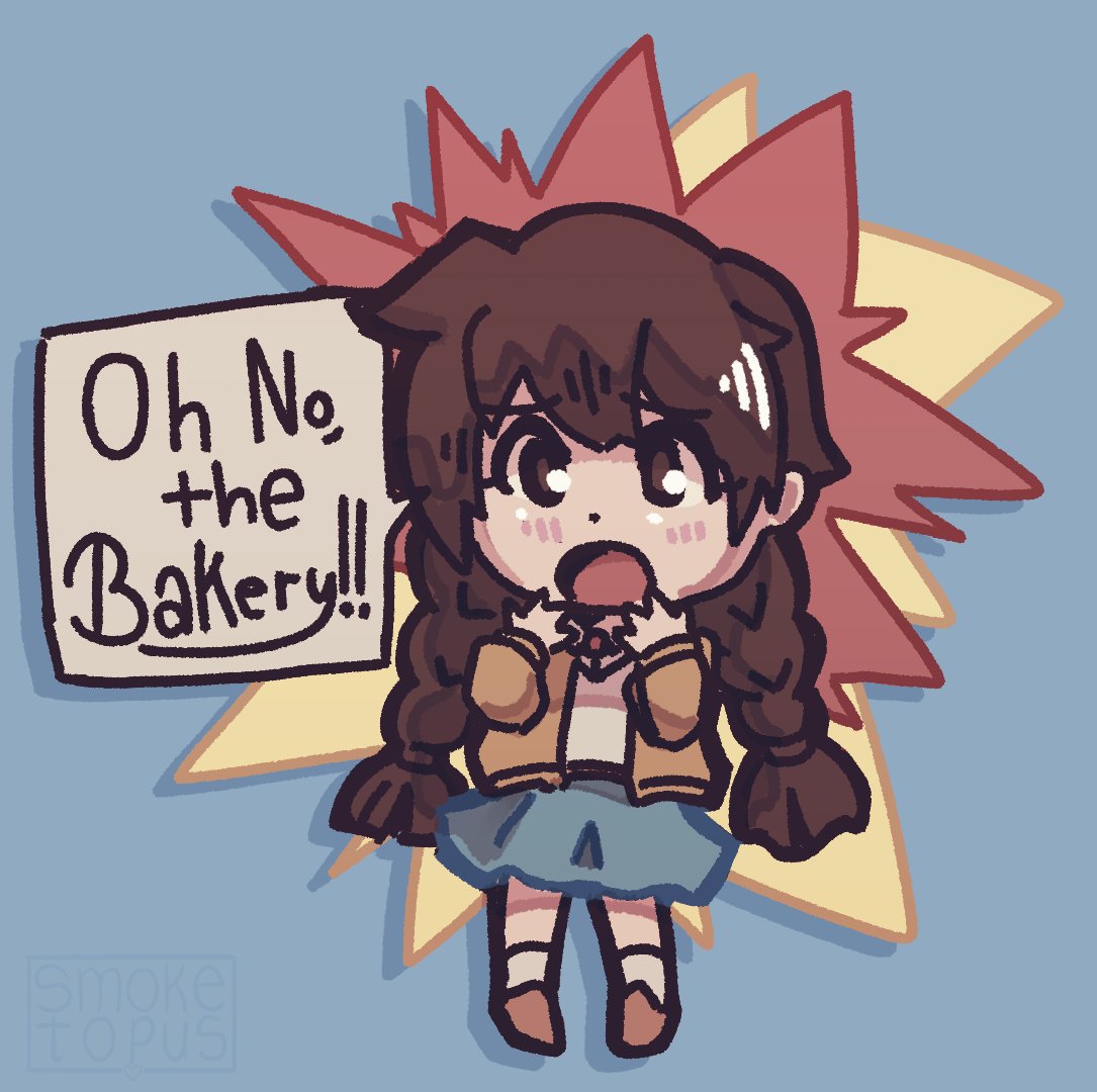misaki nanao, gigantic drive, blue background, blue skirt, braid, brown eyes, brown hair, chibi, english text, hands up, hood, hoodie, open mouth, skirt, smoketopus, surprised, twin braids, yellow hoodie
