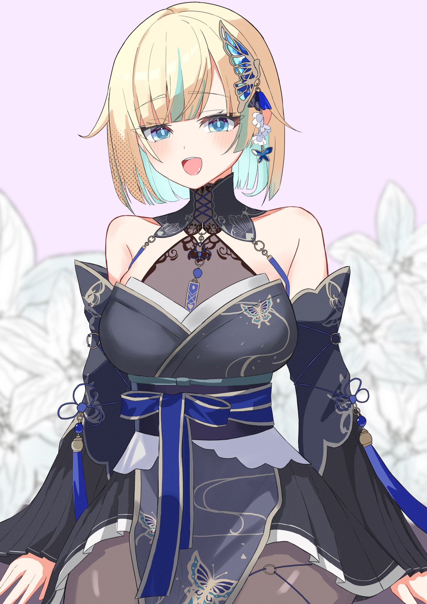 u kome, aizawa ema, aizawa ema (5th costume), vspo!, highres, animal print, bare shoulders, butterfly earrings, butterfly hair ornament, butterfly print, earrings, furisode sleeves, hair ornament, japanese clothes, jewelry, kimono, kimono dress, long sleeves, multicolored hair, pantyhose, pleated sleeves, see-through cleavage, see-through clothes, short hair, sleeveless, sleeveless kimono, transparent butterfly, virtual youtuber