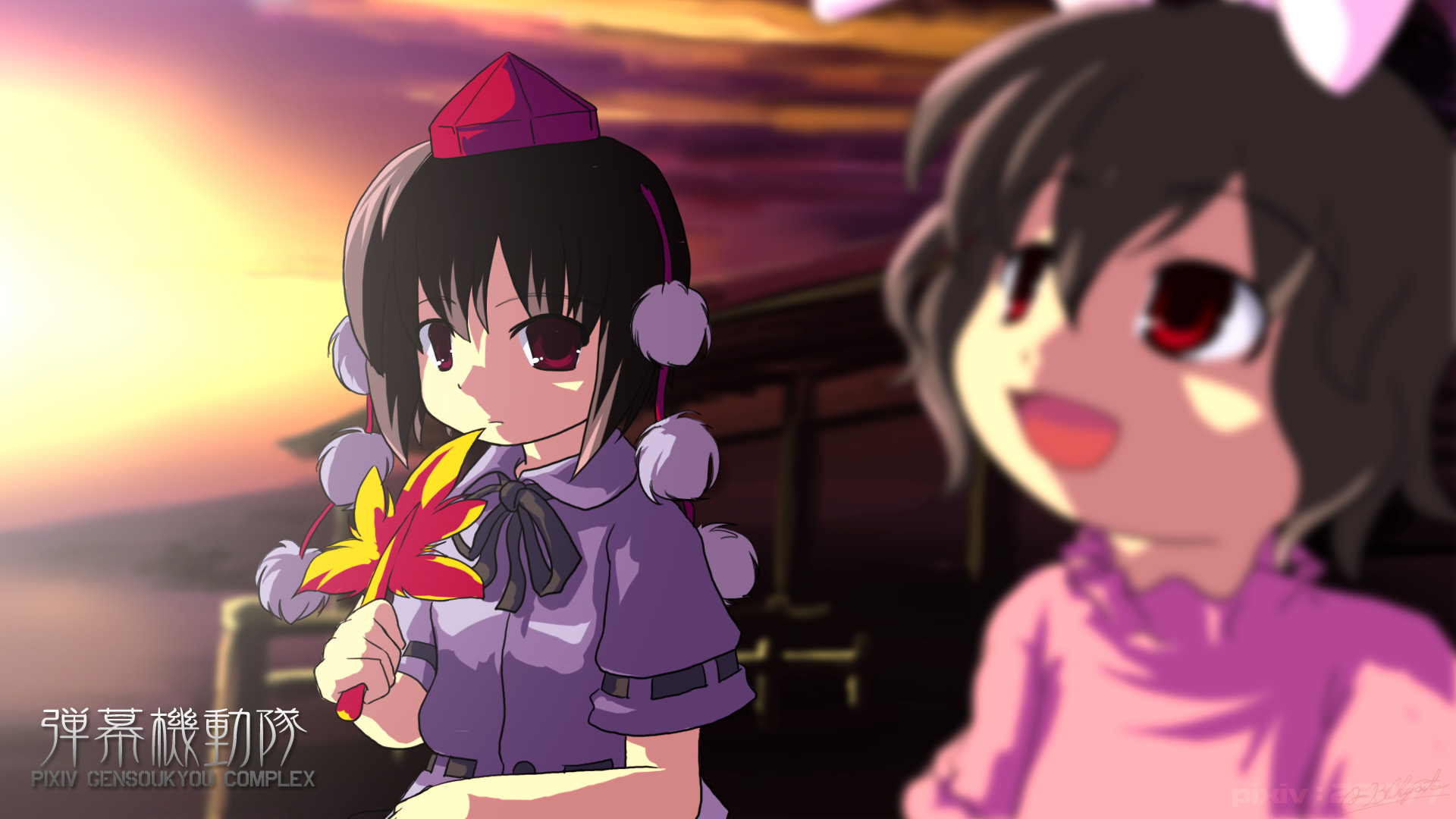 tsubasa (abchipika), inaba tewi, shameimaru aya, touhou, highres, 2girls, animal ears, black hair, bow, brown hair, dress shirt, female focus, hat, multiple girls, open mouth, parody, rabbit ears, red eyes, shirt, short hair, sky, tokin hat