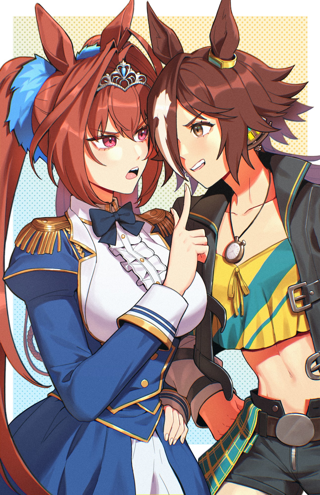 radiostarkiller, daiwa scarlet (umamusume), vodka (umamusume), umamusume, highres, 2boys, animal ears, antenna hair, black bow, black bowtie, black shorts, bow, bowtie, breasts, brown eyes, brown hair, collarbone, hair intakes, hair over one eye, hand on own hip, horse ears, horse girl, index finger raised, large breasts, long hair, looking at another, multicolored hair, multiple boys, navel, open fly, open mouth, pink hair, pointing, pointing at another, ponytail, short shorts, shorts, small breasts, teeth, tiara, tongue, twintails, upper teeth only, white hair