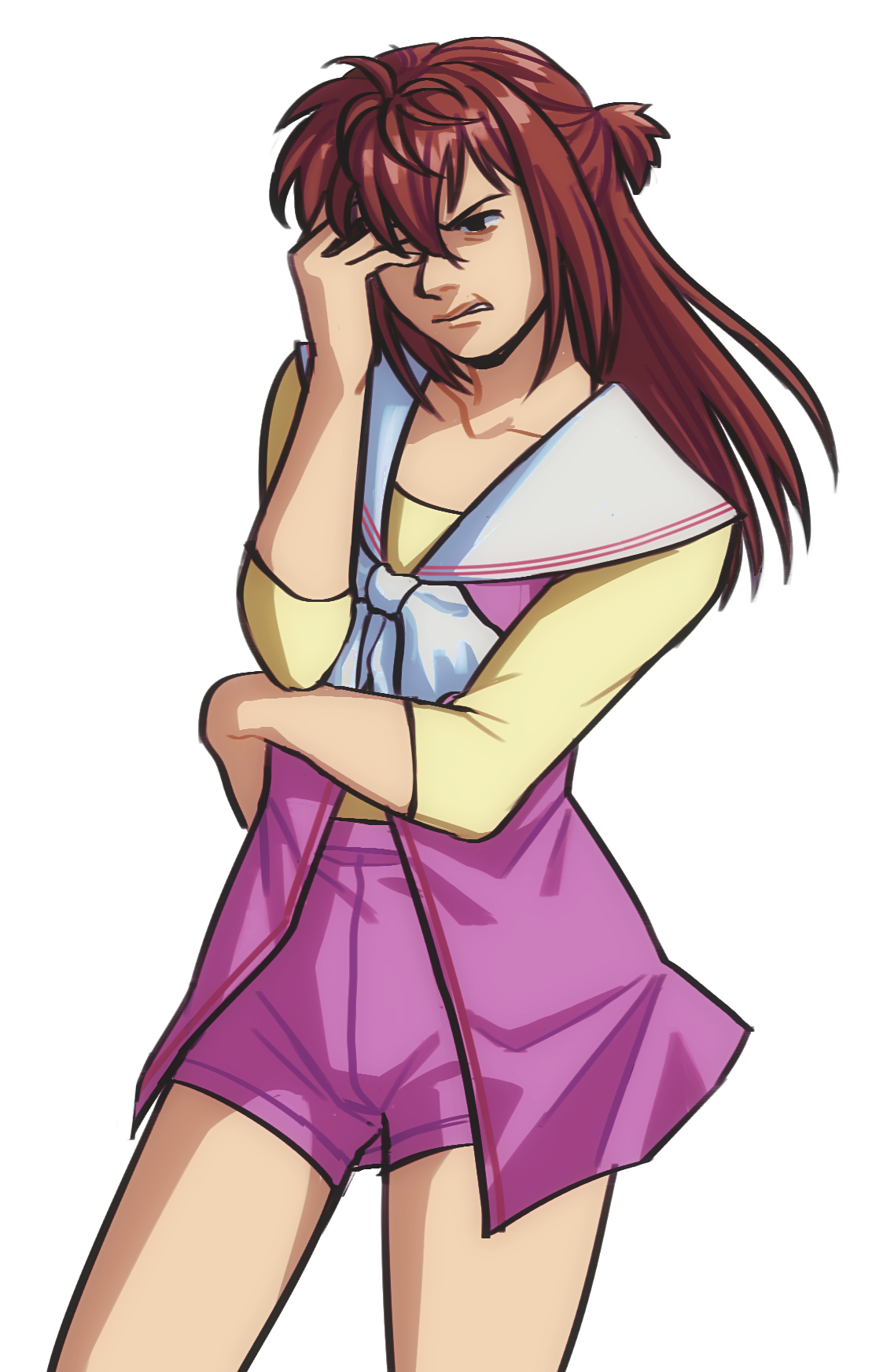 akolnoix, gigantic drive, highres, brown eyes, collarbone, cowboy shot, hand on own face, pink shorts, sailor collar, shirt, shorts, tsukioka yui (gigantic drive), white background, yellow shirt