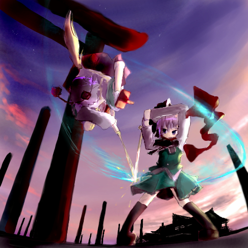tsubasa (abchipika), inubashiri momiji, konpaku youmu, touhou, lowres, 2girls, female focus, geta, multiple girls, tengu-geta