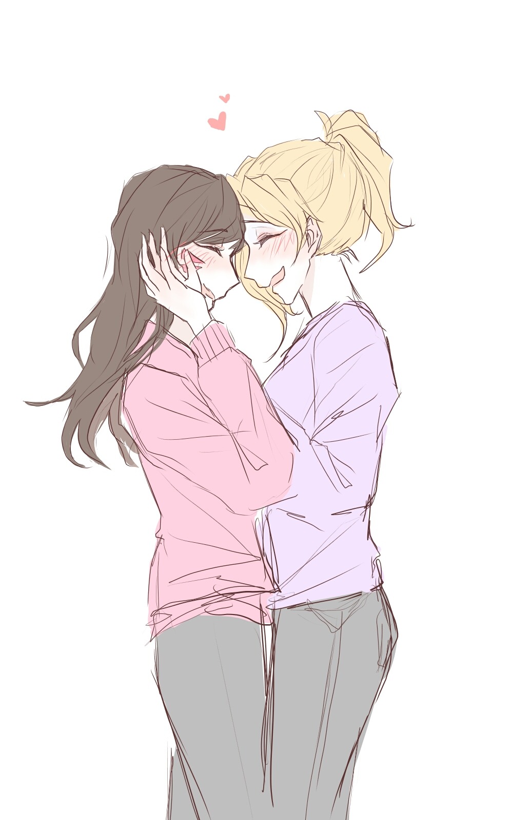 d.va (overwatch), mercy (overwatch), overwatch, overwatch 1, 2girls, blonde hair, blush, brown hair, closed eyes, facial mark, grey pants, happy, heart, long sleeves, multiple girls, pants, pink sweater, ponytail, purple sweater, servadakin, sweater, white background, yuri