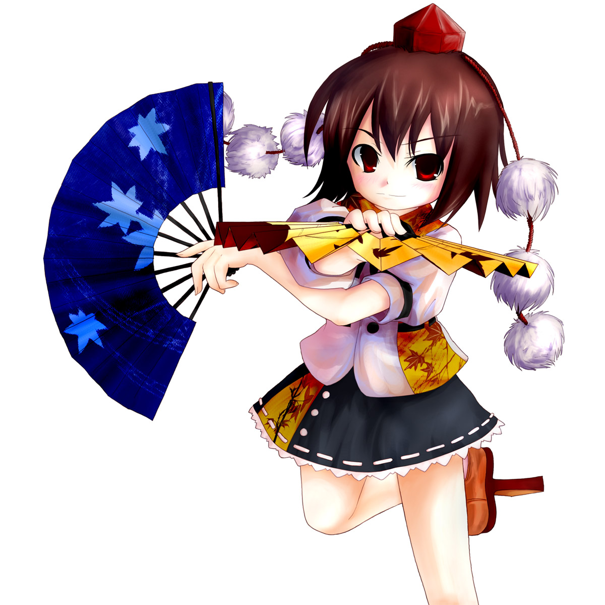 tsubasa (abchipika), shameimaru aya, touhou, highres, 1girl, expressionless, female focus, folding fan, geta, hand fan, hat, looking at viewer, solo, tengu-geta