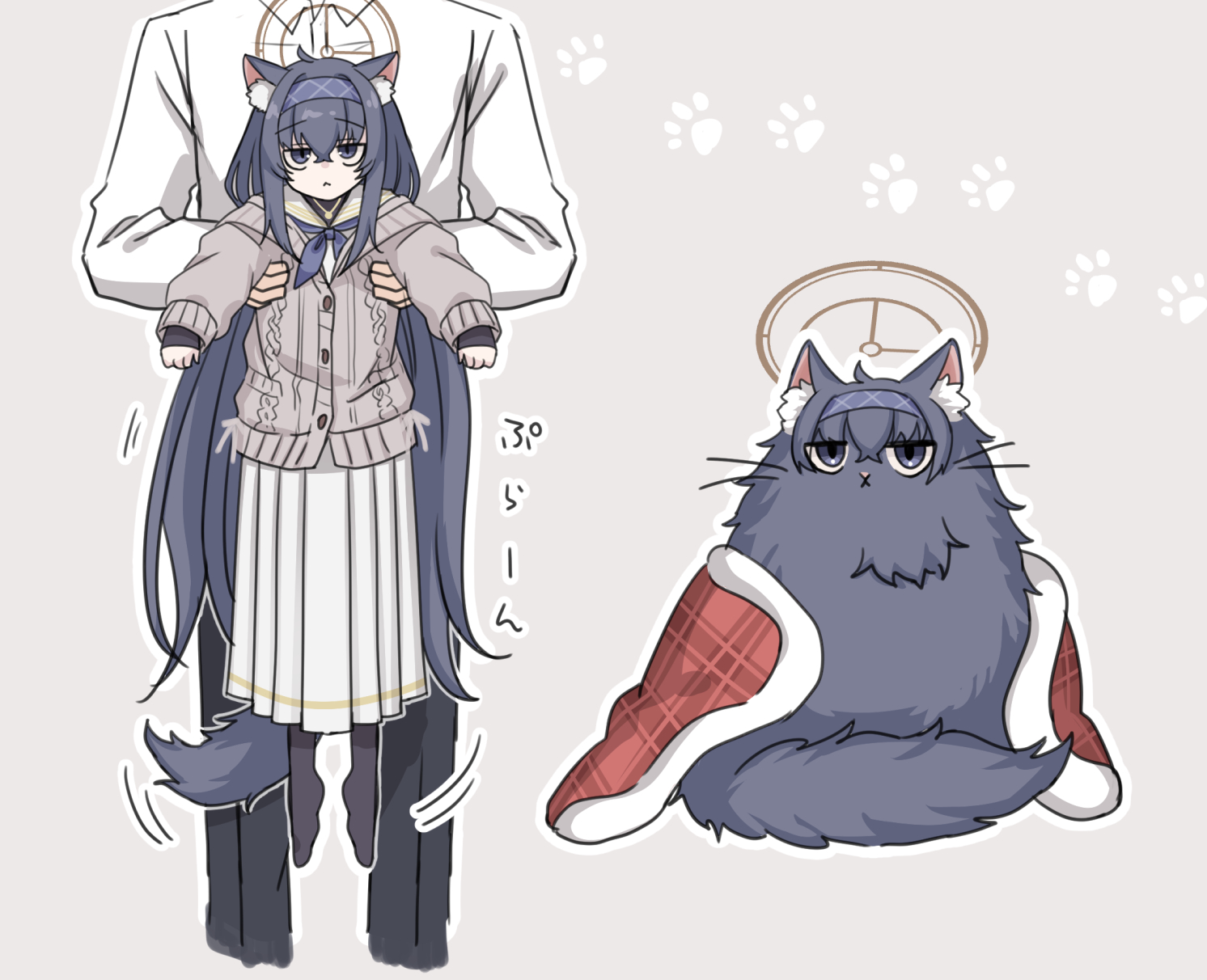 doraje, ui (blue archive), blue archive, commentary request, highres, translation request, 1boy, 1girl, :<, animal ear fluff, animal ears, animalization, black eyes, black hair, black pants, black socks, blanket, blue hairband, brown halo, cardigan, cat, cat ears, cat girl, cat tail, collared shirt, cowlick, crossed bangs, dress shirt, grey background, grey cardigan, hair between eyes, hairband, halo, jewelry, kemonomimi mode, lifting person, long hair, long skirt, long sleeves, looking at viewer, motion lines, necklace, outline, pants, paw print, person and animalization, sailor collar, shirt, sidelocks, simple background, skirt, sleeves past wrists, socks, tail, very long hair, white outline, white sailor collar, white shirt, white skirt